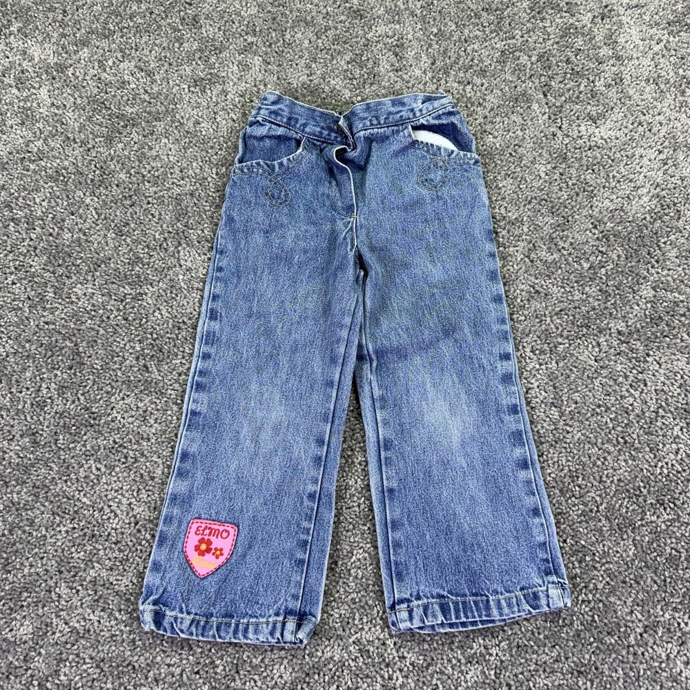 Sesame Street Jeans Girls 3T Blue Elmo Patch Straight Denim Elastic Waist